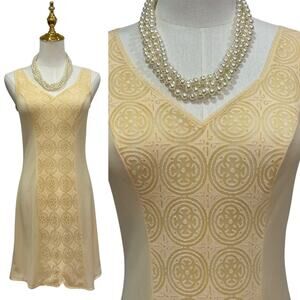 Vintage 60s Peach Semi-Sheer Nylon Geo Lace Front Full Slip Dress Women’s Size S